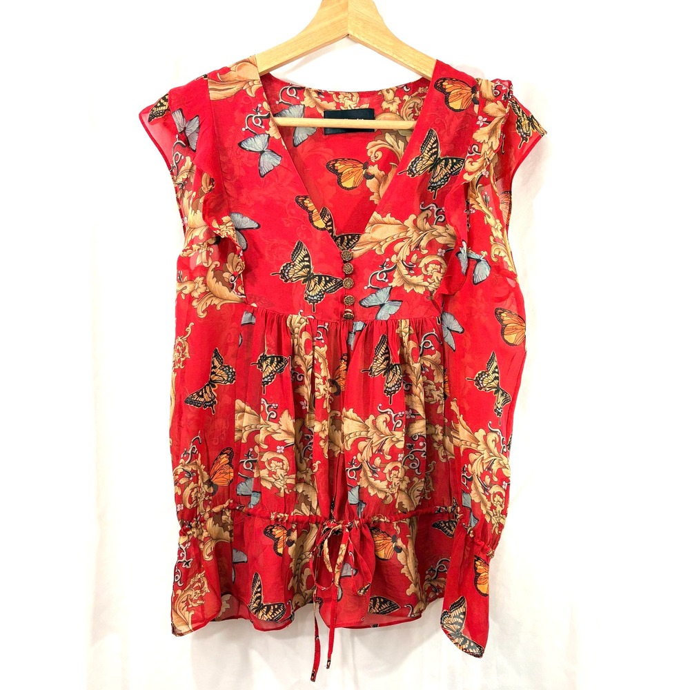 The Kooples Red 100% Silk Butterfly Print Blouse XS Boho Baroque Floral Buttons